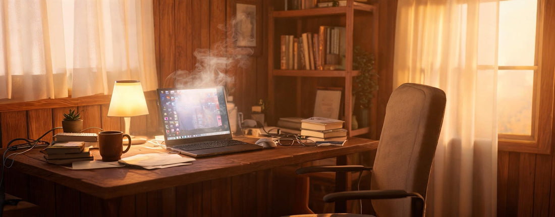 Gaming laptop heat management setup showing why laptop cooler airflow and elevation matter.
