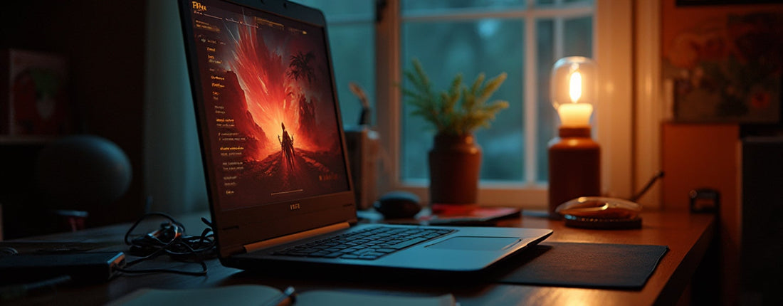 Gaming laptop heat setup illustrating cooling fan for laptop decisions in a shared room