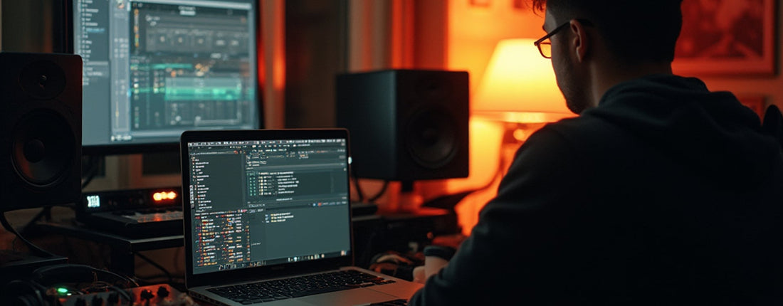 Quiet music production desk showing a laptop setup where silent laptop cooling matters on battery