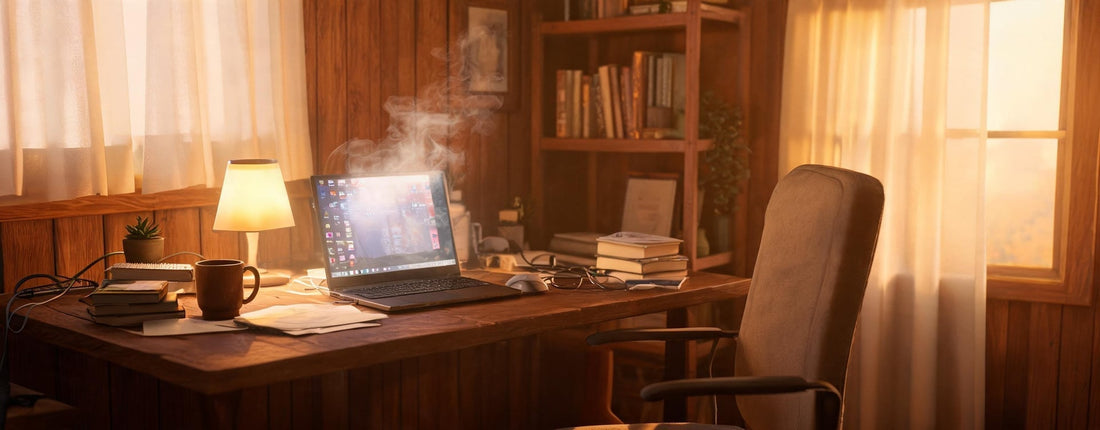 Laptop user comparing thermal behavior in a hot room before testing an external notebook cooling solution