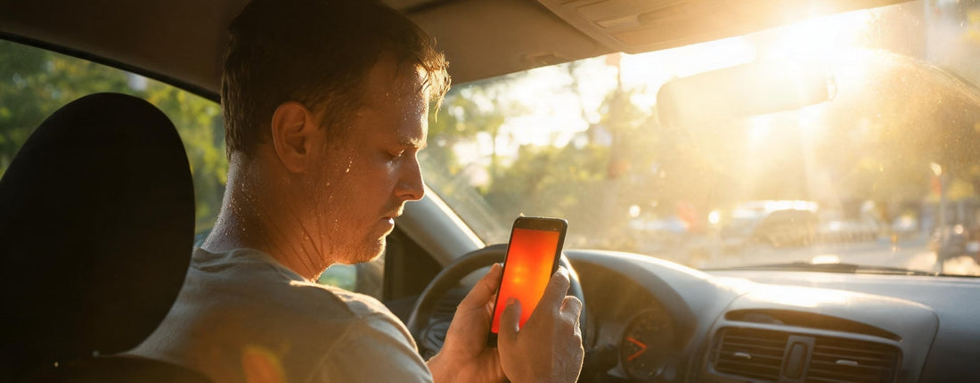 A person using a smartphone for navigation while camping, highlighting the need for effective phone cooling in outdoor environments.