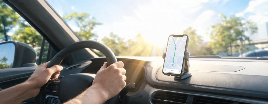 A smartphone mounted on a car dashboard, displaying a GPS map, with sunlight streaming through the windshield.