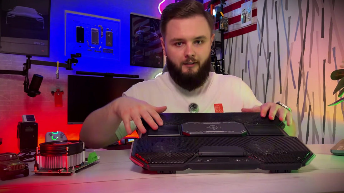 Vladislav presenting the KryoZon H7 cooling pad and its eight-fan layout