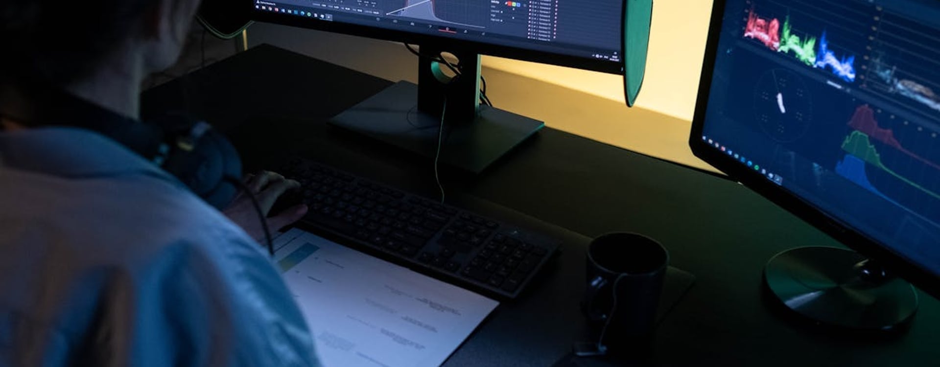 A MacBook Pro user editing video, highlighting the intense workloads that benefit from a laptop cooler for MacBook.