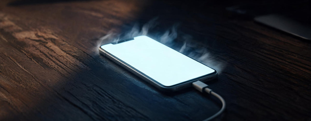 A smartphone on a desk, hinting at intensive use and the need for a phone cover cooler to manage heat.