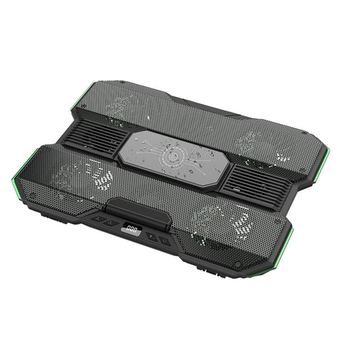 KryoZon H7 27W laptop cooling pad angled view showing dual-zone mesh with 8 fans, center semiconductor TEC module, green RGB edge lighting and front LED control panel