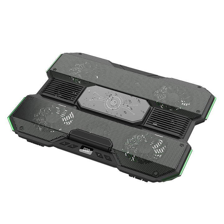 KryoZon H7 27W laptop cooling pad angled view showing dual-zone mesh with 8 fans, center semiconductor TEC module, green RGB edge lighting and front LED control panel