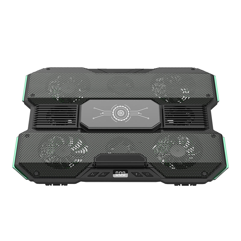 KryoZon H7 cooling pad top-down view showing full 8-fan array layout, center TEC semiconductor chip with circuit design, dual-zone mesh and LED digital display