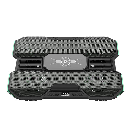 KryoZon H7 cooling pad top-down view showing full 8-fan array layout, center TEC semiconductor chip with circuit design, dual-zone mesh and LED digital display