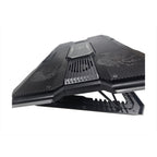 Black laptop cooling pad with a textured mesh design and adjustable support legs, shown from an elevated angle on a white background.