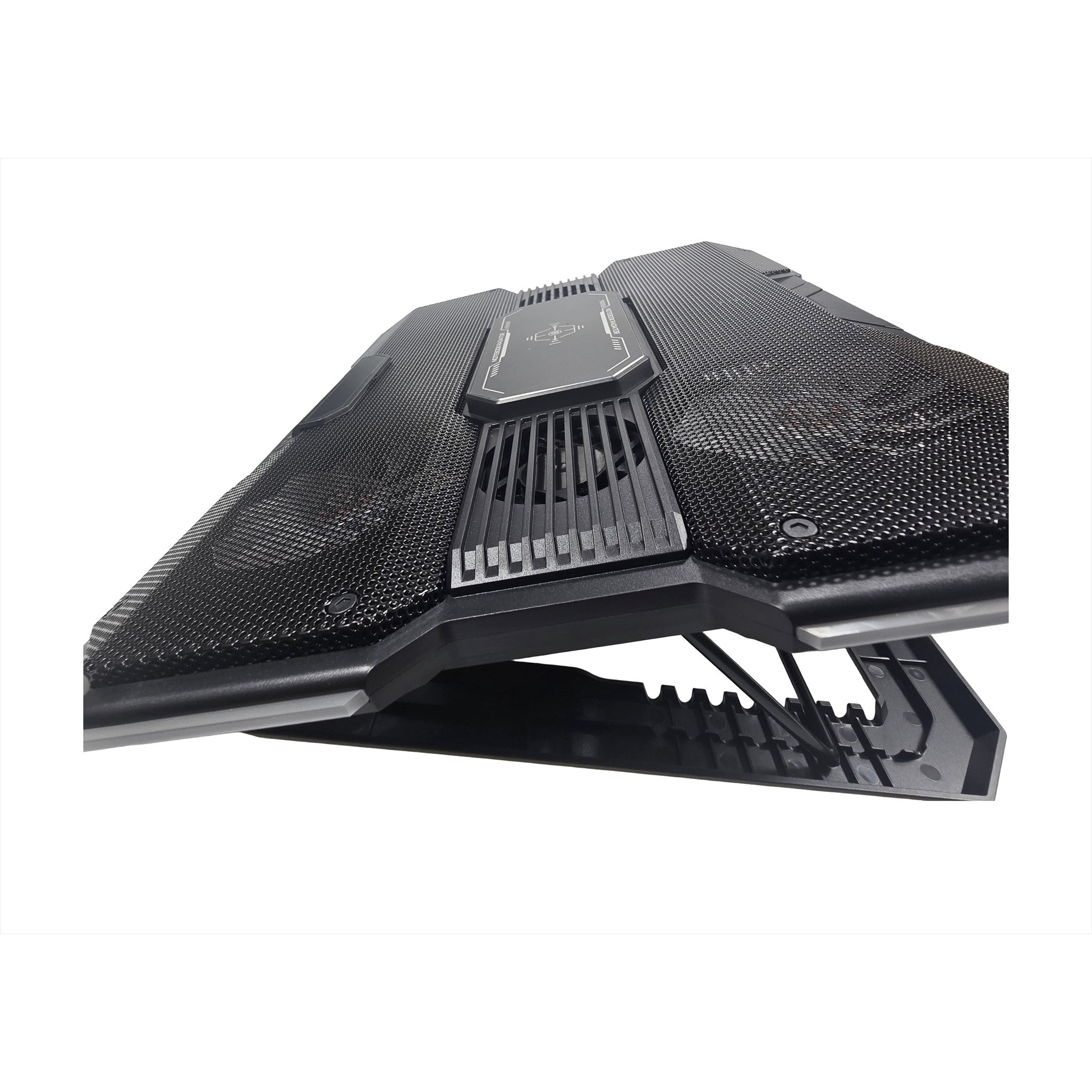 Black laptop cooling pad with a textured mesh design and adjustable support legs, shown from an elevated angle on a white background.